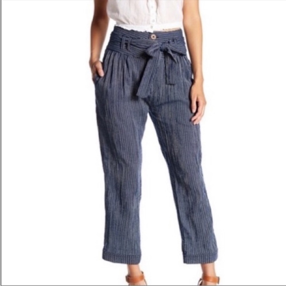 Free People Blue & White Striped High Waist Tapered Tie Pleated Pants Size 10